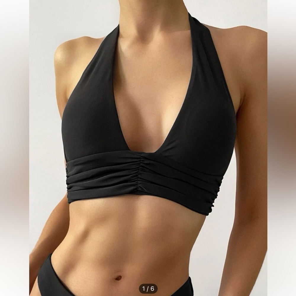 Ruched triangle halter tie bikini top.